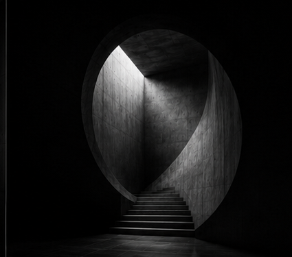 Circular concrete stairwell seen from below
