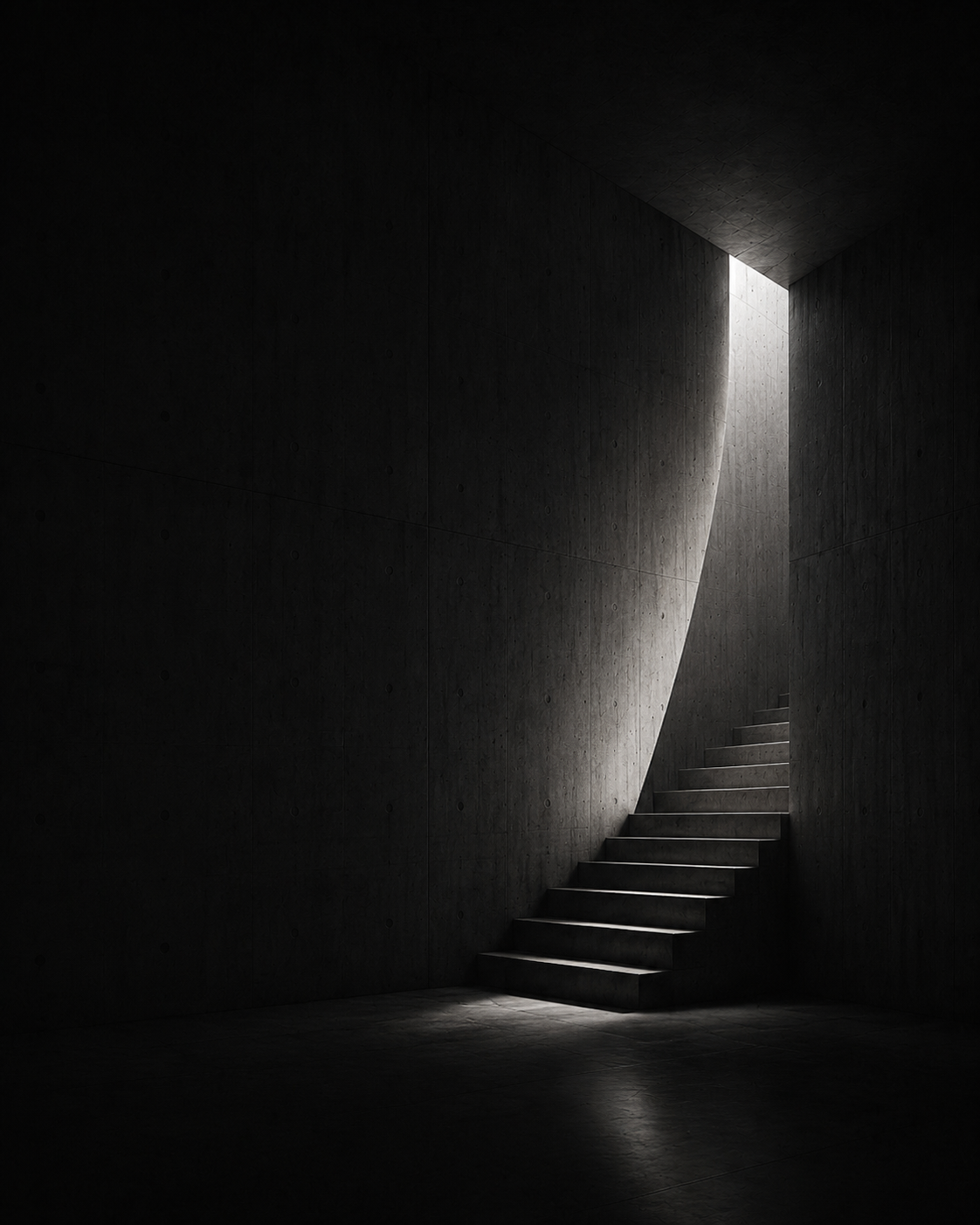 Tall concrete stairwell under a skylight